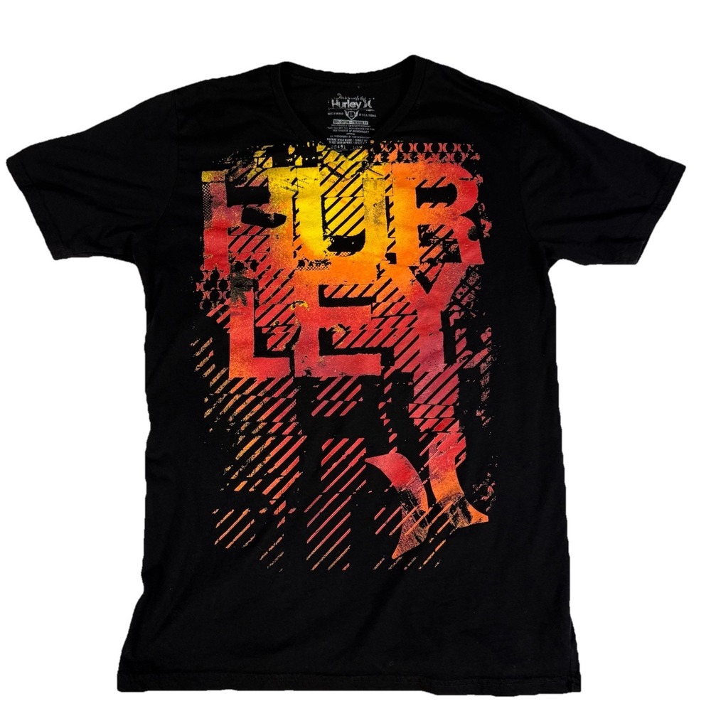 Men's HURLEY Premium Fit Large V-Neck T-Shirt Black Logo L Surf Skater Beach